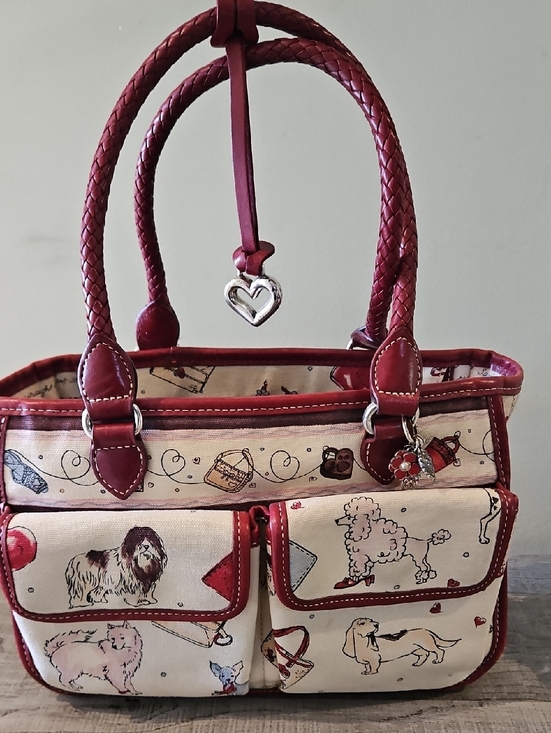 Brighton Handbags - Brighton Frances dog print tote bag with braided handles and silver heart charm